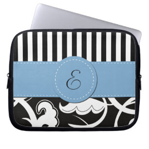 Funda Para Portátil Damasco francés, franjas, negro y blanco, monogram