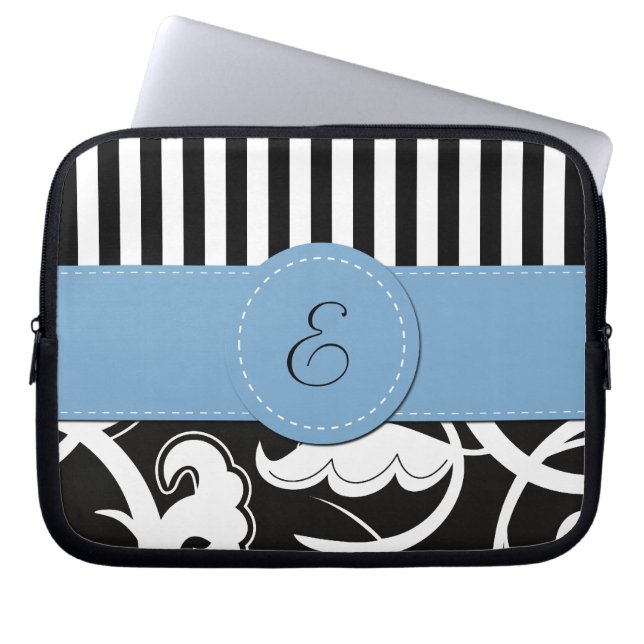 Funda Para Portátil Damasco francés, franjas, negro y blanco, monogram (Frente)
