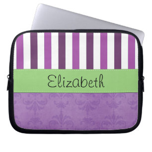 Funda Para Portátil Damasco morado, franjas moradas, rayas, tu nombre