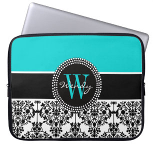 Funda Para Portátil Damasco negro personalizado de la aguamarina