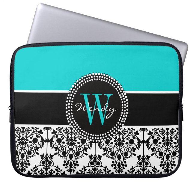 Funda Para Portátil Damasco negro personalizado de la aguamarina (Frente)