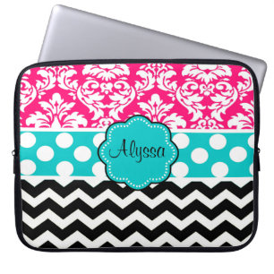 Funda Para Portátil Damasco negro rosado Chevron del punto