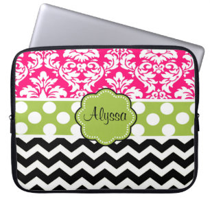 Funda Para Portátil Damasco negro rosado verde Chevron del punto