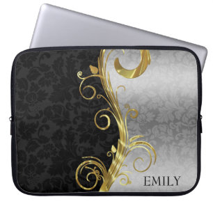 Funda Para Portátil Damasco Negro Y Plateado Y Bañeras