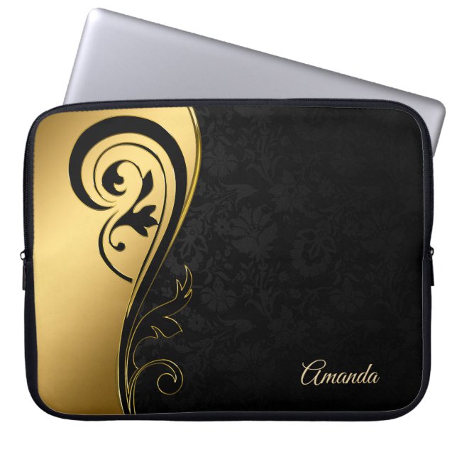 Funda Para Portátil Damasco Negro Y Swirl (Frente)