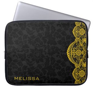 Funda Para Portátil Damascos negros de encaje amarillo