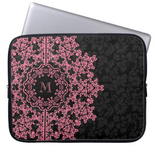 Funda Para Portátil Damascos negros de encaje floral rosa monogramados