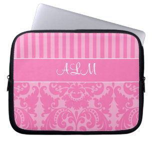 Funda para portátil Damask a rayas rosadas y blanc