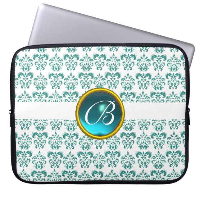 Funda Para Portátil DAMASK GEM STONE MONOGRAM azul blanco (Frente)