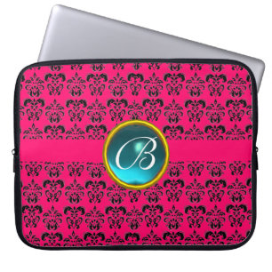 Funda Para Portátil DAMASK GEM STONE MONOGRAM azul de puta negro