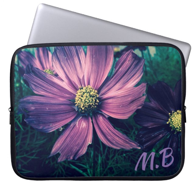 Funda Para Portátil Dark Purple Flowers Photo Art Monogram (Frente)