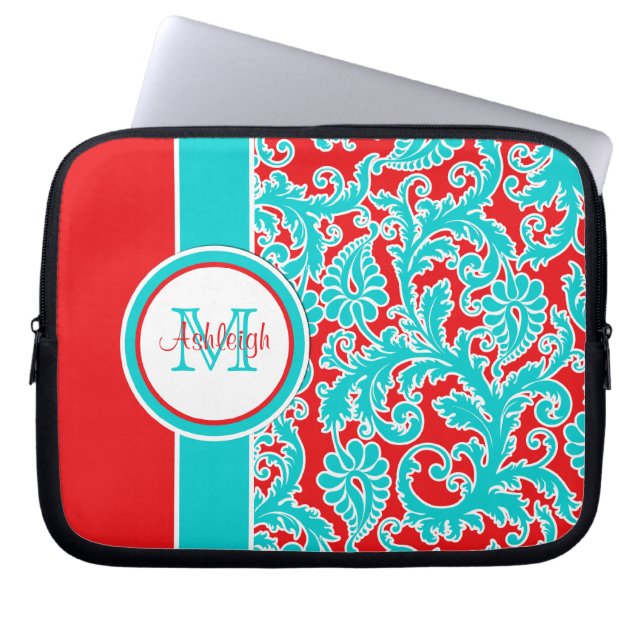 Funda para portátil de 10" con monograma damask az (Frente)