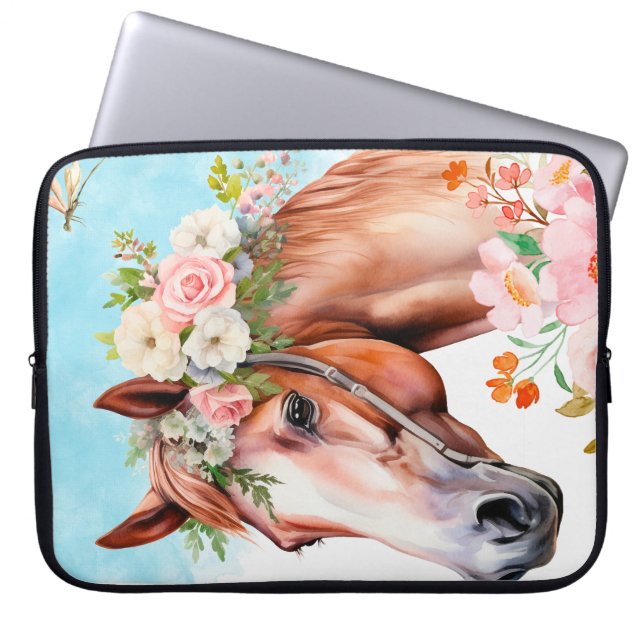 Funda para portátil de caballo y flores acuarela (Frente)
