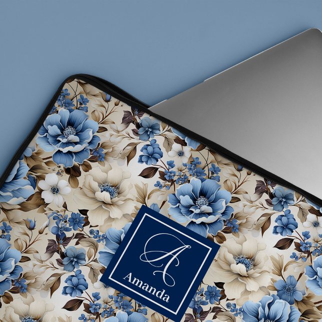 Funda para portátil de flores azules y blancas clá (Classic Blue and White Flowers Laptop Sleeve Case)