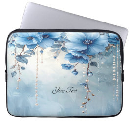 Funda para portátil de flores azules y perlas
