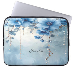 Funda para portátil de flores azules y perlas