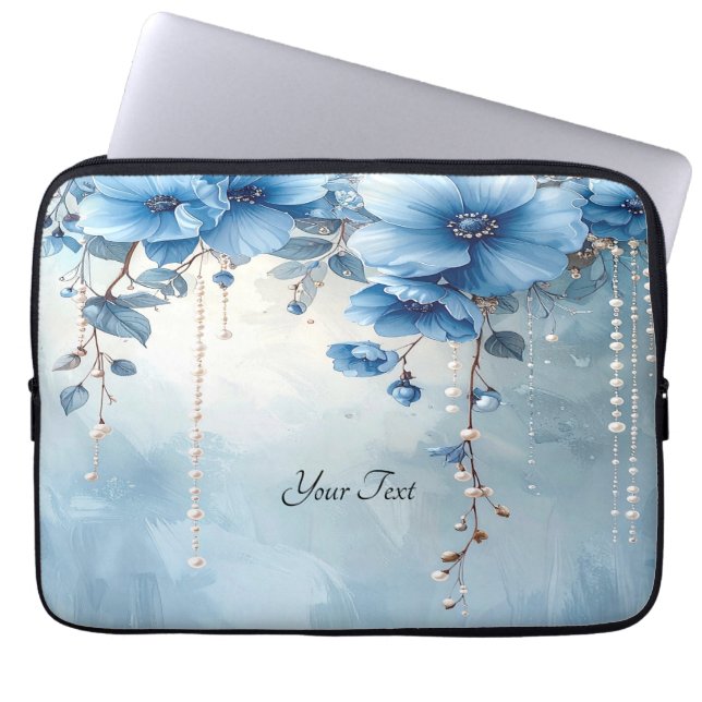 Funda para portátil de flores azules y perlas (Frente)