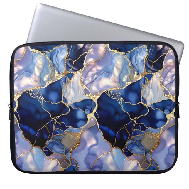 Funda para portátil de mármol Navy con vetas dorad (Frente)