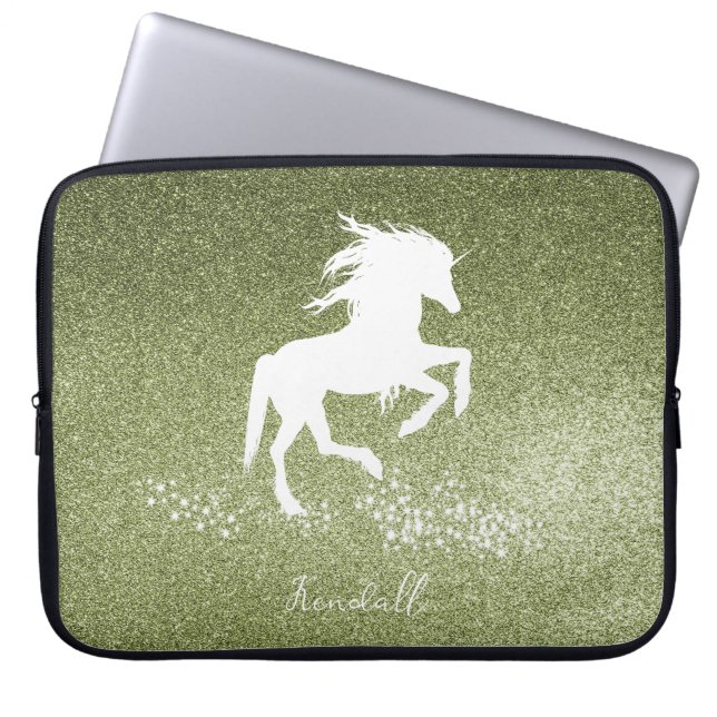 Funda para portátil de unicornio Purpurina verde (Frente)