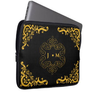 Funda Para Portátil Decoración en negro y oro con iniciales