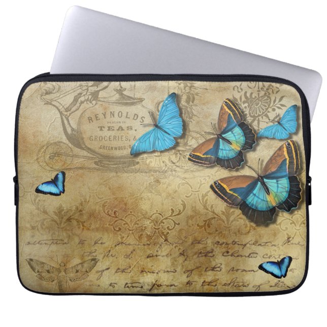 Funda Para Portátil Decoupage rusa antigua y mariposas azules (Frente)