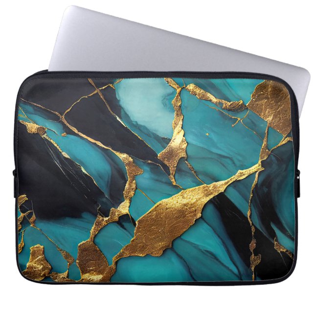 Funda Para Portátil Deep Teal Marble with Bold Gold Veins (Frente)