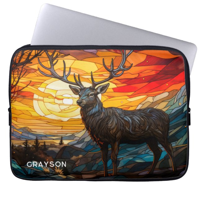 Funda Para Portátil Deer Sunset Woodland Mountains Nombre personalizad (Frente)