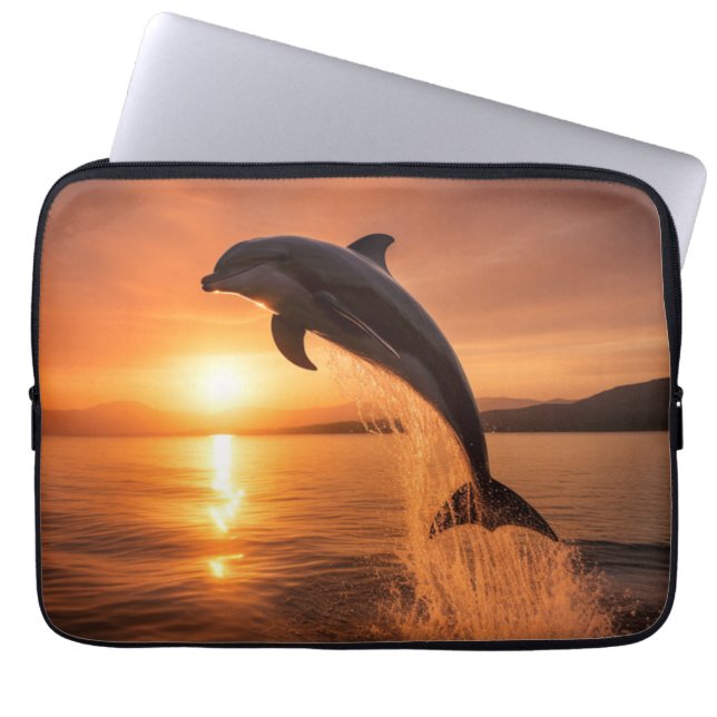Funda Para Portátil Delfín de puesta de sol dorada (Frente)