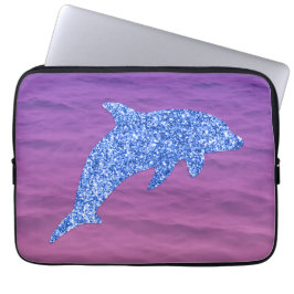 Funda Para Portátil Delfín Purpurina Azul En Mar Rosa Y Púrpura