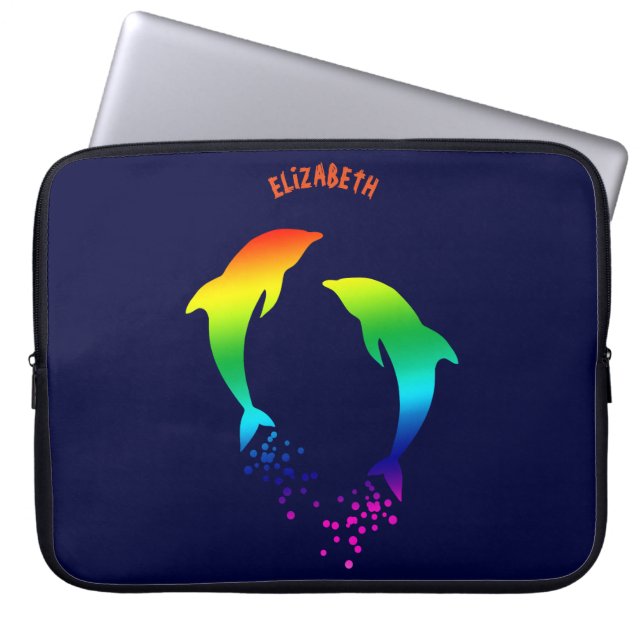 Funda Para Portátil Delfines arco iris saltando con burbujas (Frente)