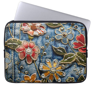 Funda Para Portátil Denim Florals bordados en amarillo, rojo y azul