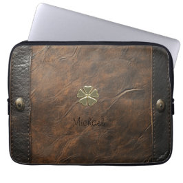 Funda Para Portátil Día de San Patricio Trebol Dorado, Cuero Marrón