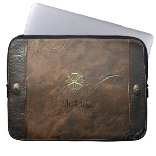 Funda Para Portátil Día de San Patricio Trebol Dorado, Cuero Marrón