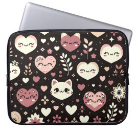 Funda Para Portátil Día de San Valentín Kawaii Gats Patrón de flores d