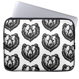 Funda Para Portátil Dibujo a tinta de la cara de un oso en blanco y ne