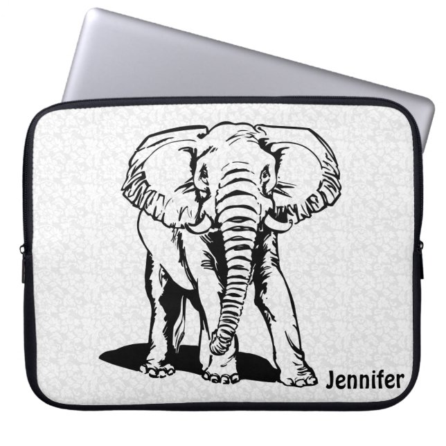 Funda Para Portátil Dibujo monogramado de línea de elefante negro (Frente)