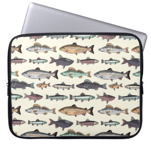 Funda Para Portátil Dibujos de peces de época, patrón sin costuras.