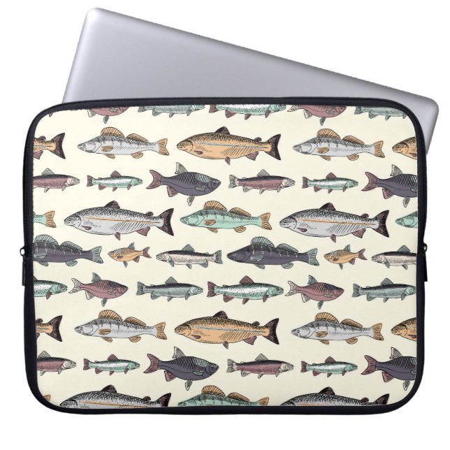 Funda Para Portátil Dibujos de peces de época, patrón sin costuras. (Frente)
