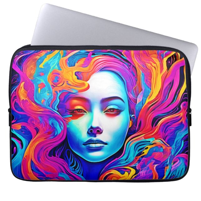 Funda Para Portátil Diosa neón con el pelo cósmico flotante (Frente)