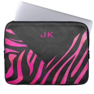 Funda Para Portátil Diseño de cebra negro y rosa caliente con monogram