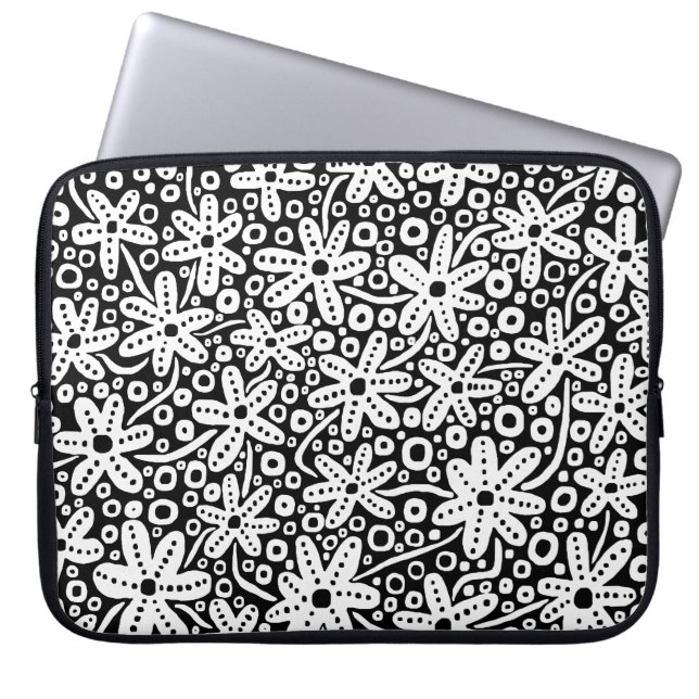 Funda Para Portátil Diseño de flores - Blanco sobre negro (Frente)