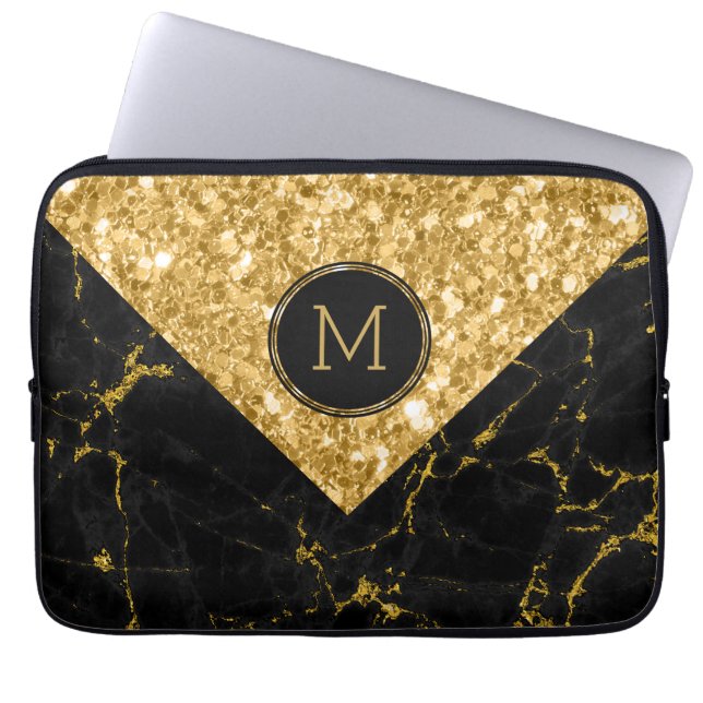Funda Para Portátil Diseño geométrico del Purpurina de mármol negro y  (Frente)