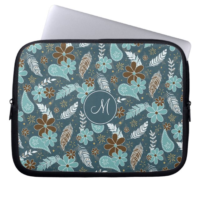 Funda Para Portátil doodle paisley feather flowery boho patrón verde a (Frente)