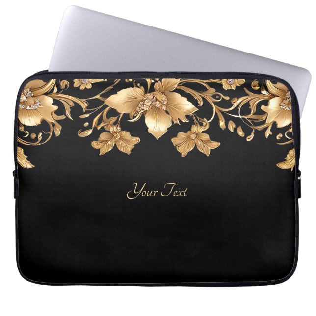 Funda Para Portátil Dorado Black Ornate Floral Laptop Sleeve (Frente)