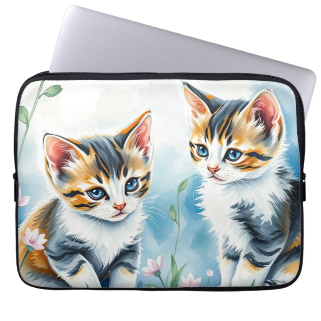 Funda Para Portátil Dos gatitos en un jardín floral (Frente)