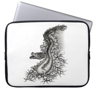 Funda Para Portátil Dragón chino, diseño blanco y negro en tatuostyl