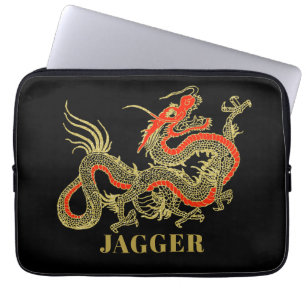 Funda Para Portátil Dragón chino negro de oro rojo