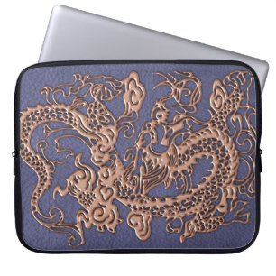 Funda Para Portátil Dragón color de rosa del oro en textura azul del