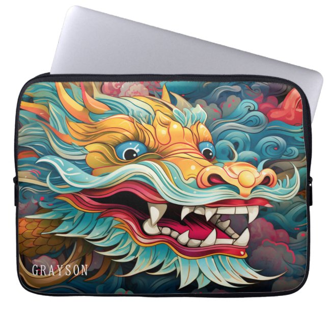 Funda Para Portátil Dragón colorido Nombre personalizado moderno (Frente)