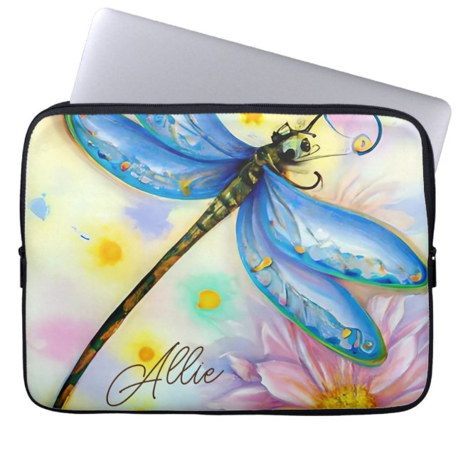 Funda Para Portátil Dragonfly de ala azul acuarela, personalizado (Frente)